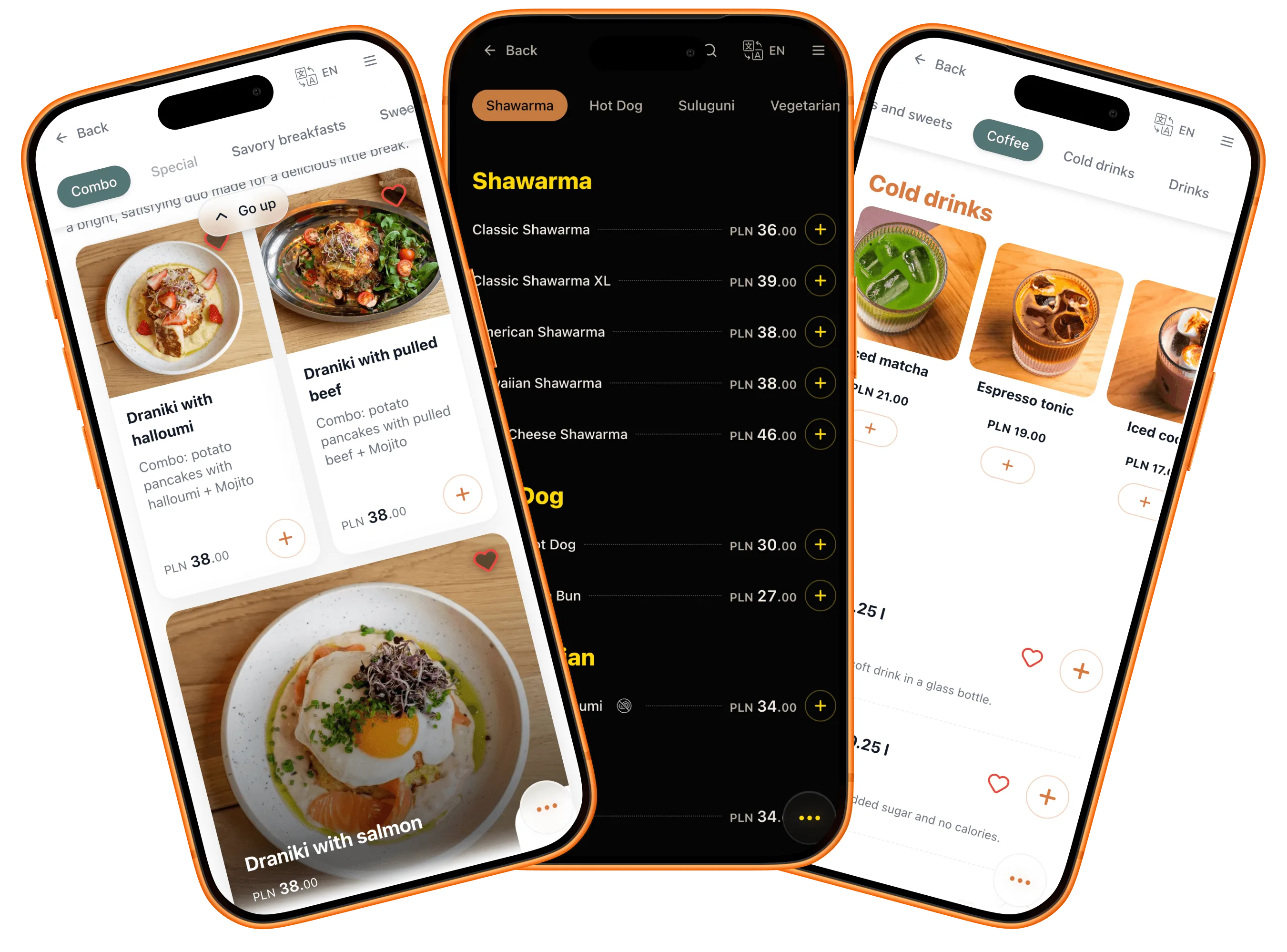 Trzy telefony pokazujące to samo menu QRaff w trzech różnych układach i motywach
