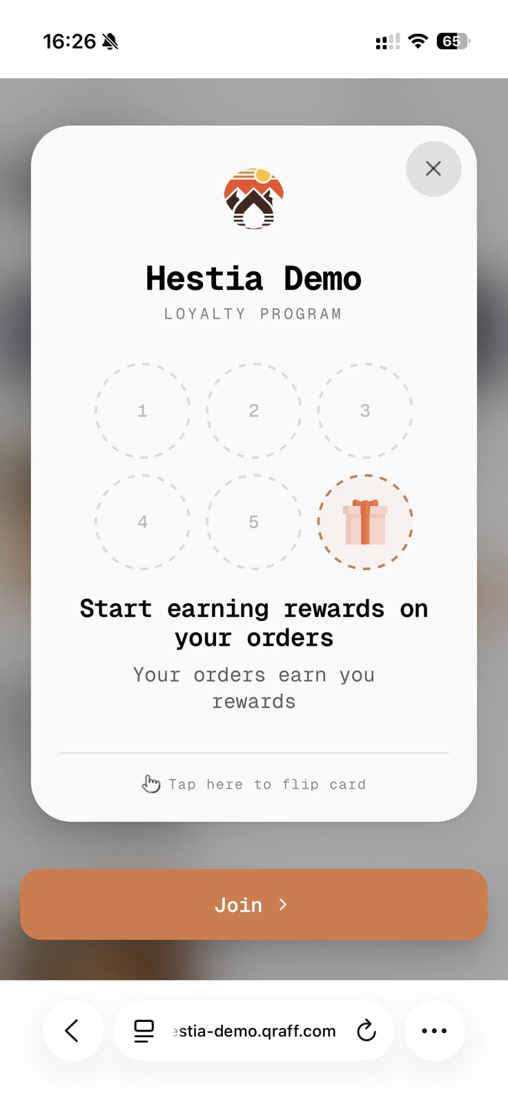 Hestia loyalty signup screen with rewards progress