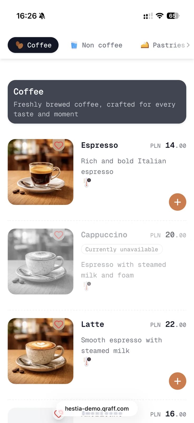 Hestia mobile menu list with coffee items