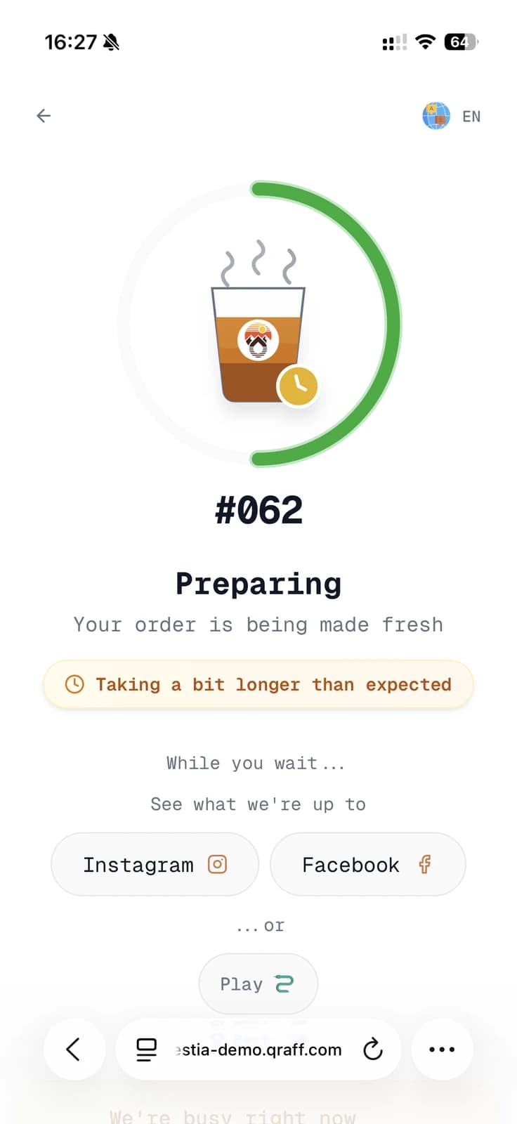 Hestia order status screen showing a drink being prepared
