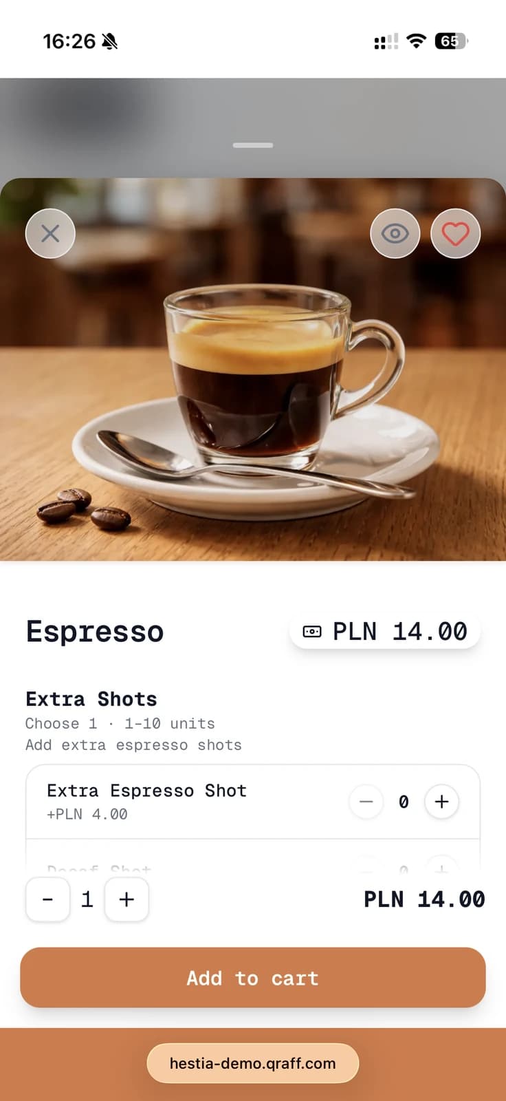 Hestia product detail screen for an espresso order