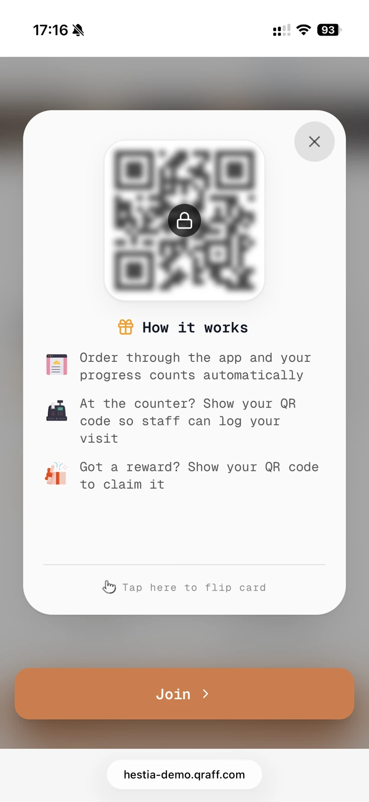 Hestia QR onboarding screen with code scan instructions