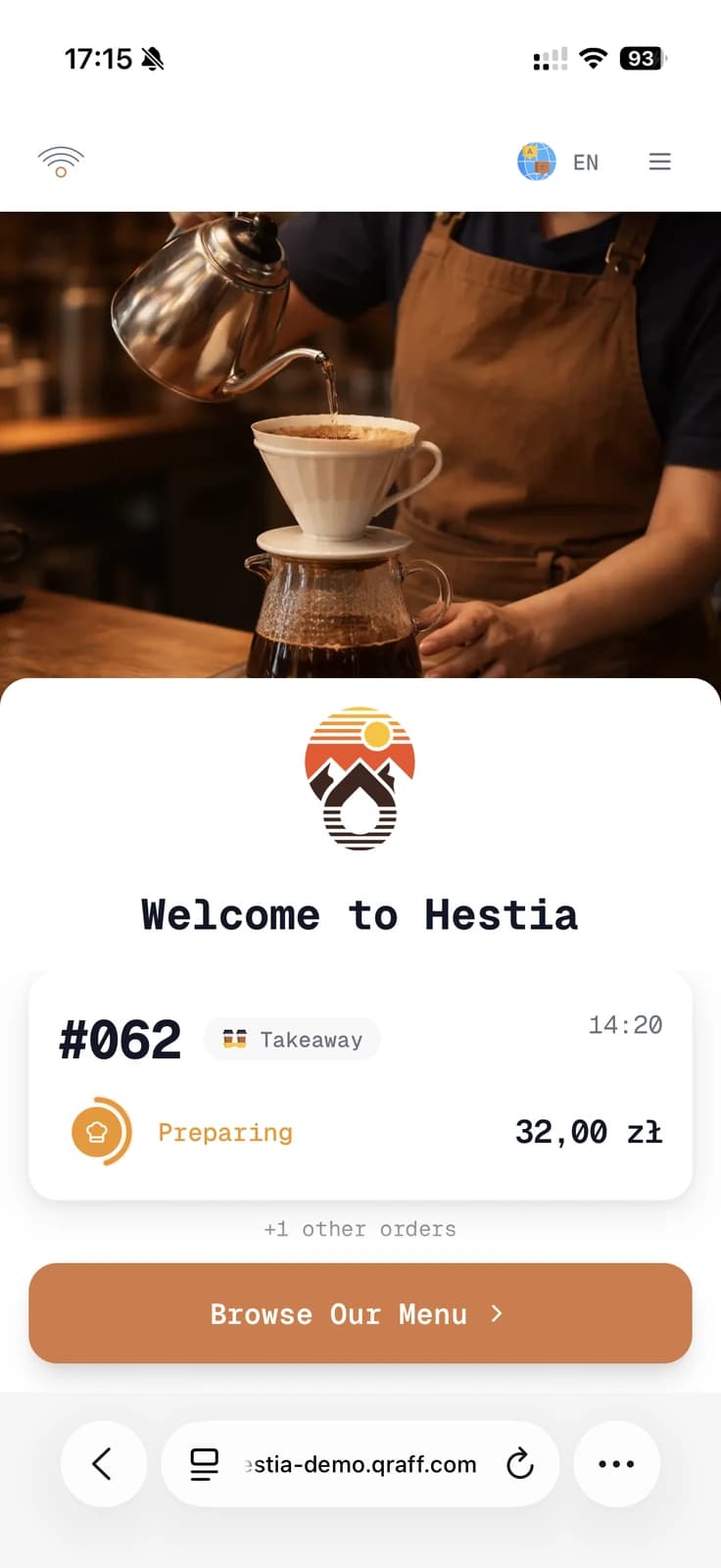 Hestia welcome screen with order summary and table details